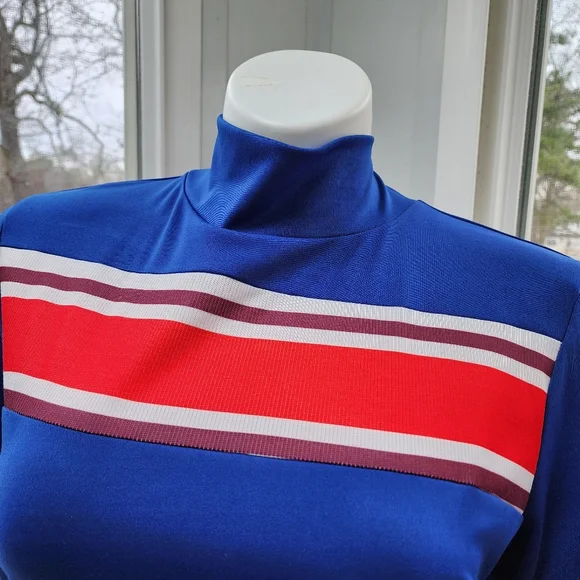 Royal Blue Red & White Ribbed Striped Mock Neck Maxi Column Knit Dress - Picture 7 of 16